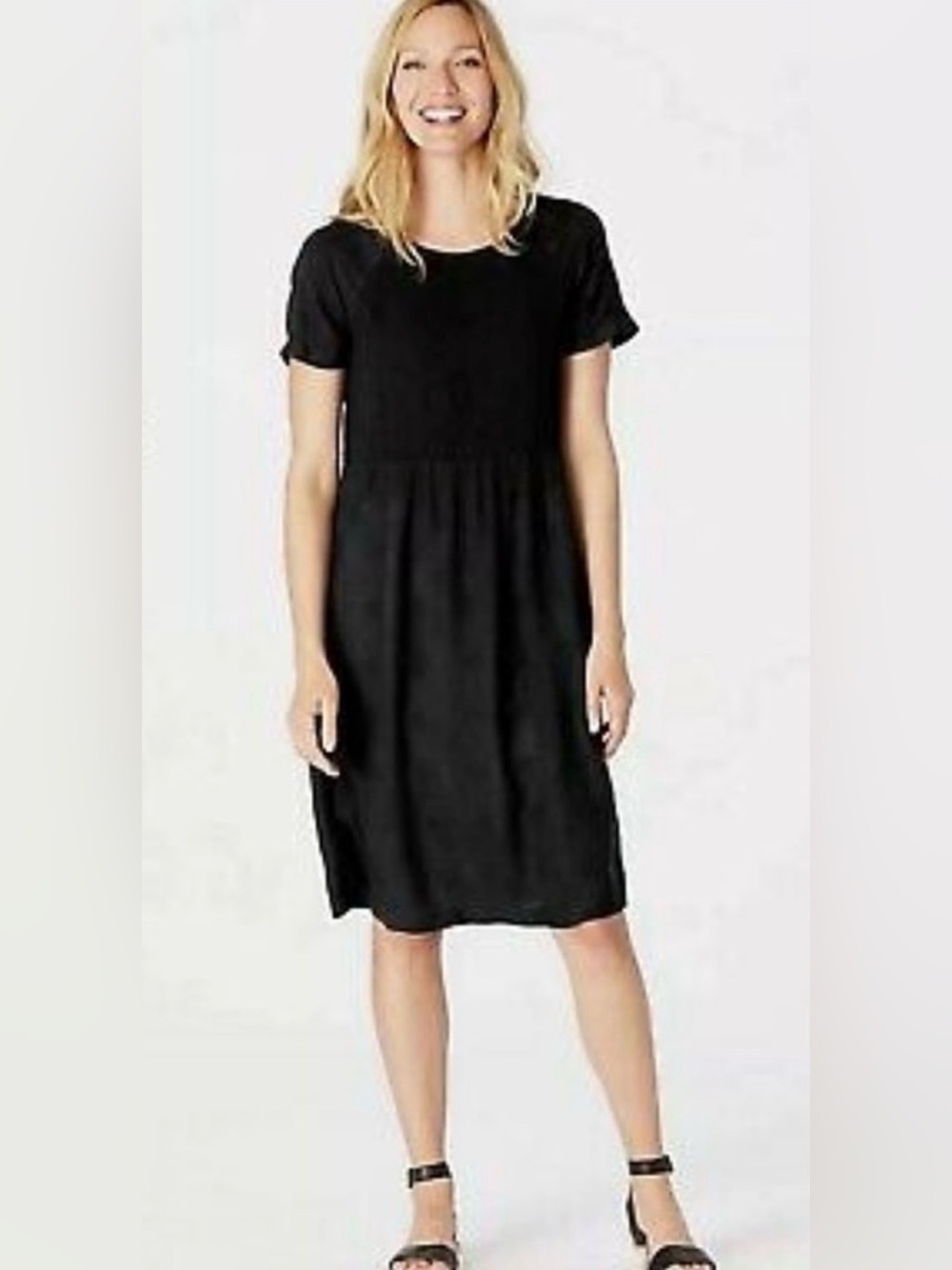 J. Jill Smocked Short Sleeve Black Dress Large L